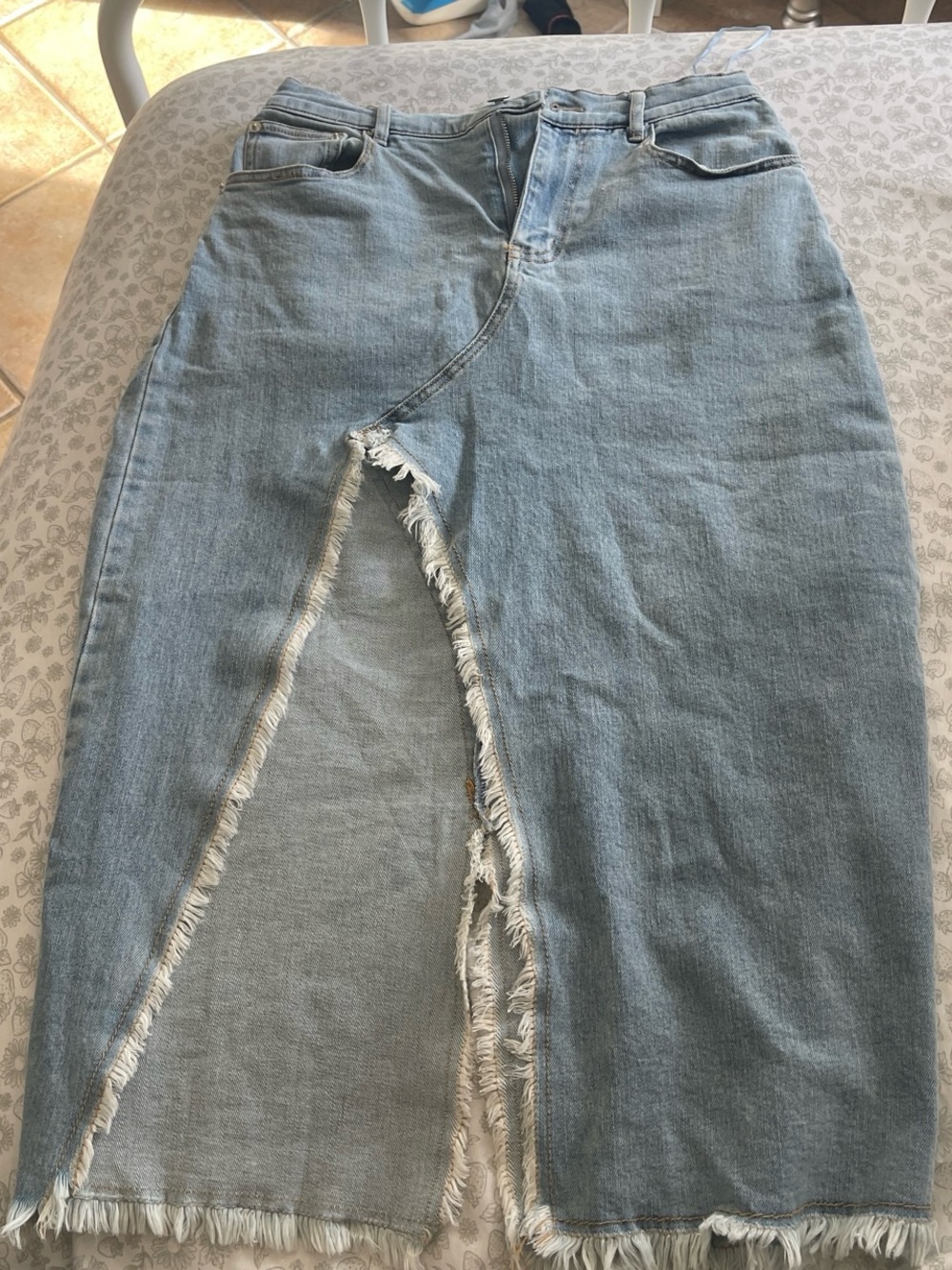 Windsor Light Blue Denim Midi Skirt with Frayed Front Slit